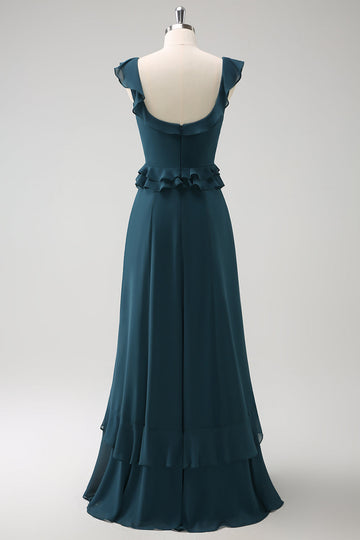Vestido de dama de honor de gasa de gasa verde pavo real oscuro con cuello redondo